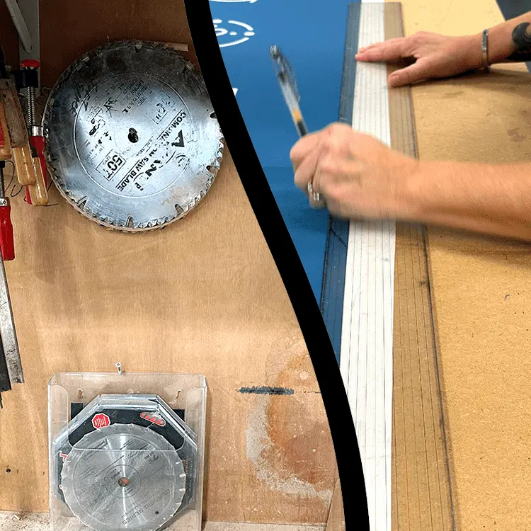 A detailed split-panel photograph showcasing SoftSpace's in-house fabrication and precision. The left panel shows hands cutting a blue display panel with a straight-edge tool. The right panel is a close-up of specialized circular saw blades, including Freud Premier, hanging on a tool wall. This visual illustrates the specialized equipment and craftsmanship within SoftSpace's full-service "One Team Under One Roof" approach.